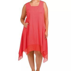 Cynthia Rowley Plus 1X Midi Dress Linen Blend Pockets Coral Pink Lagenlook